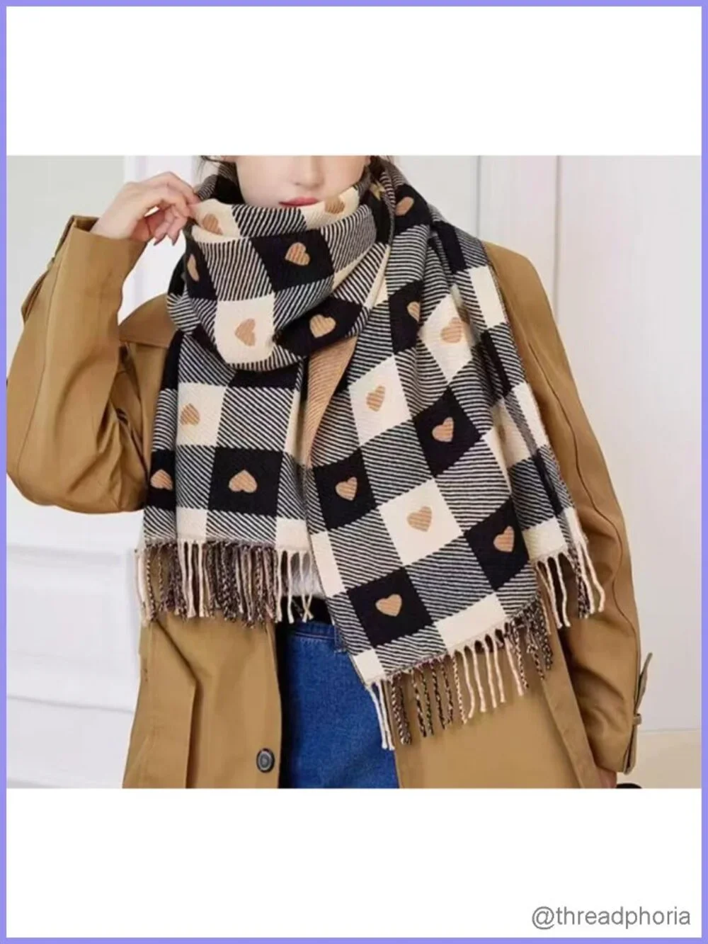 Oversized Plaid Heart Scarf Wrap Pashmina Shawl for Women Cozy Winter